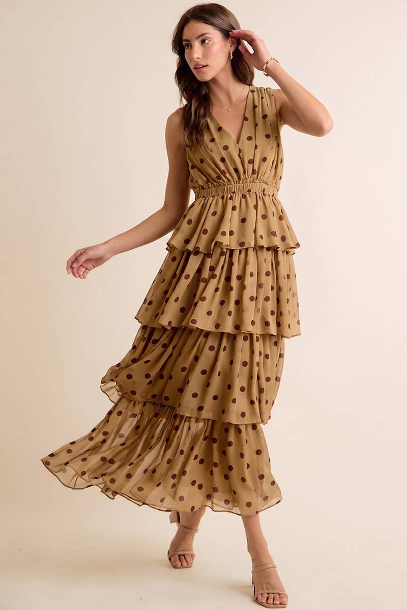 POLKA DOT CHIFFON TIERED MAXI LINED SLEEVELESS DRESS: BROWN/PINK / S