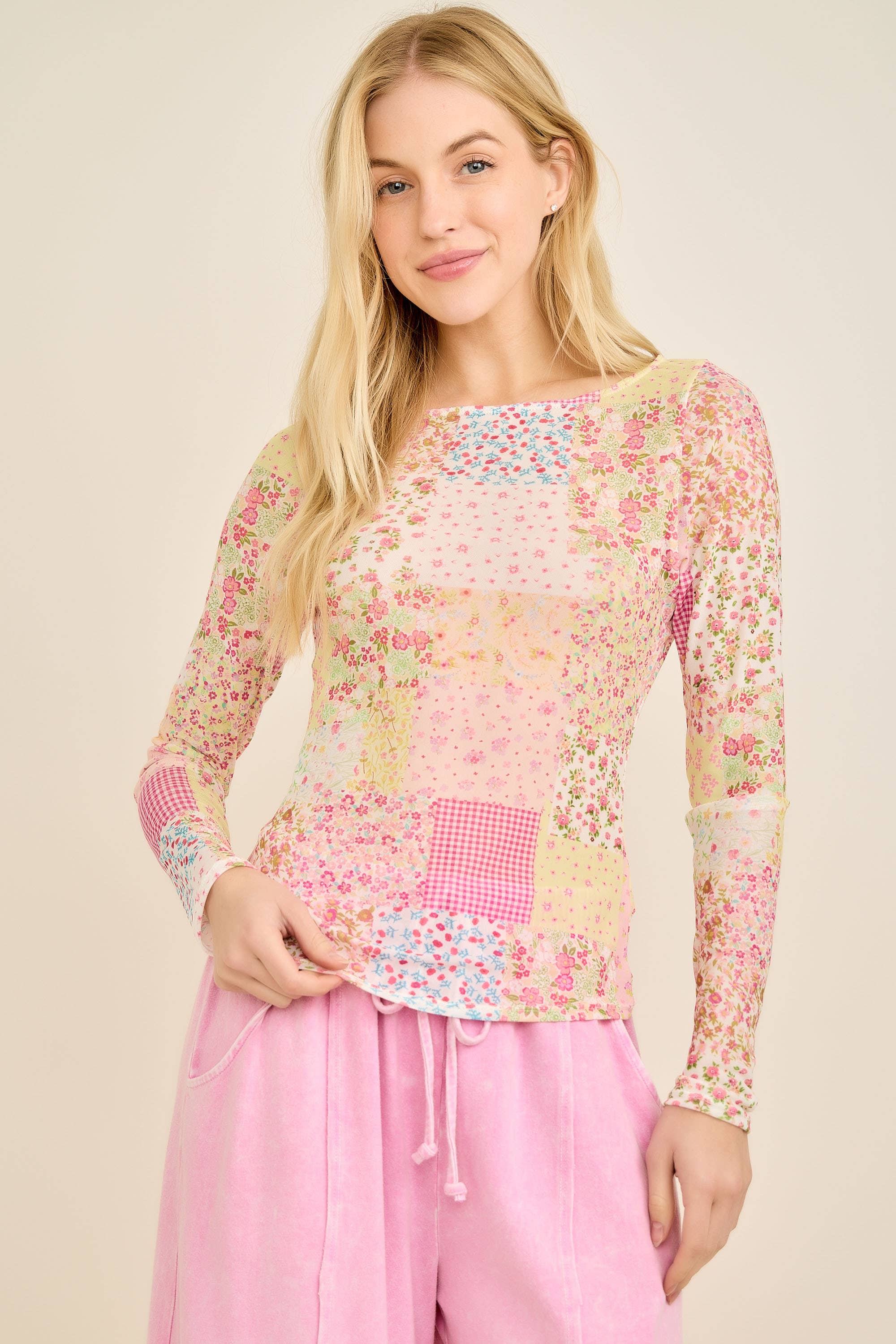 Spring Picnic Patch Mesh top HT7327: Pink Multi / S-M-L / 2-2-2