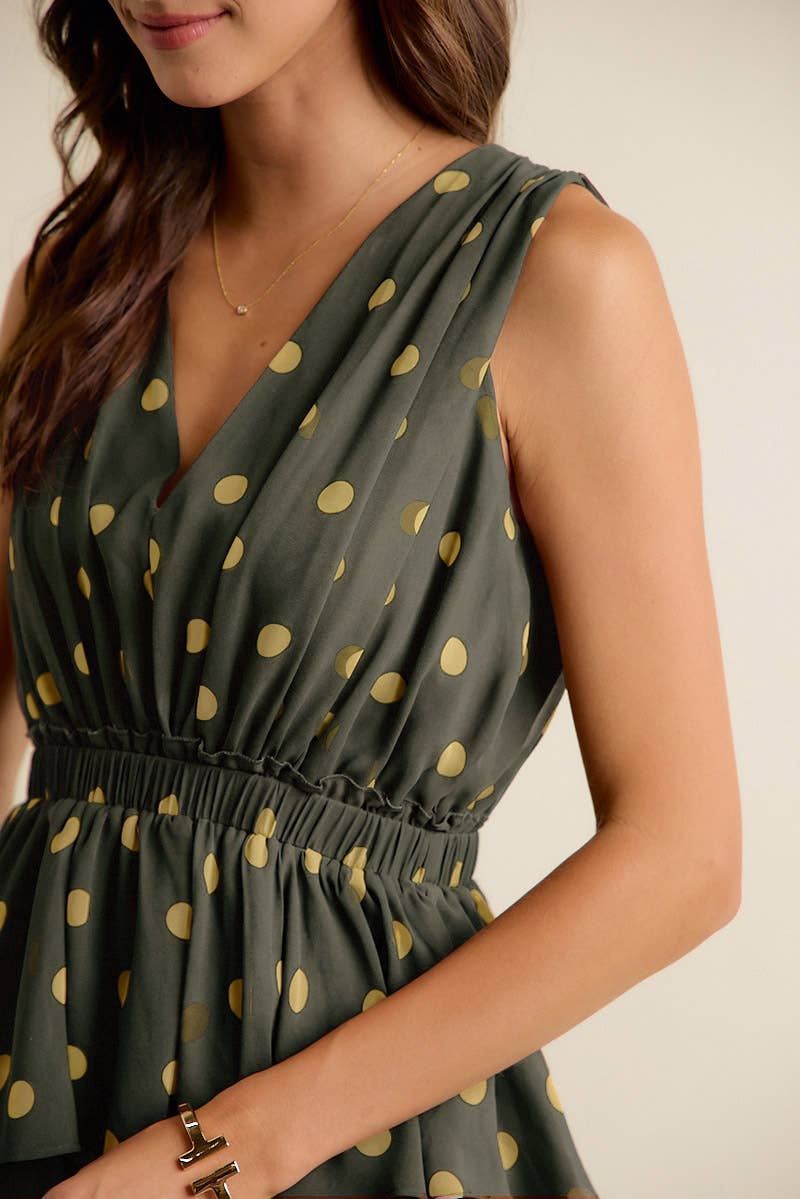 POLKA DOT CHIFFON TIERED MAXI LINED SLEEVELESS DRESS: BROWN/PINK / S
