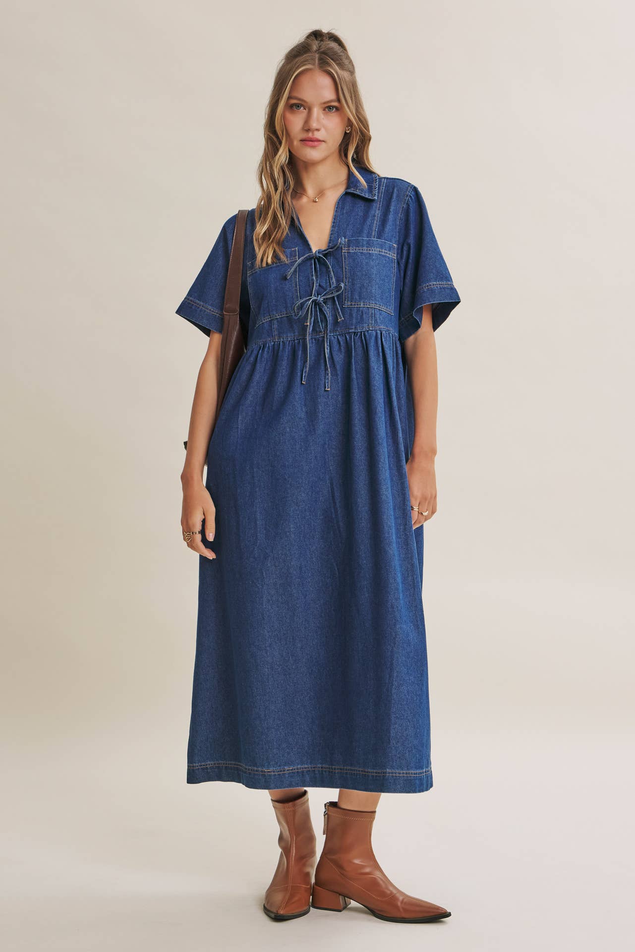 DENIM WASHED BOW-FRONT MIDI DRESS
