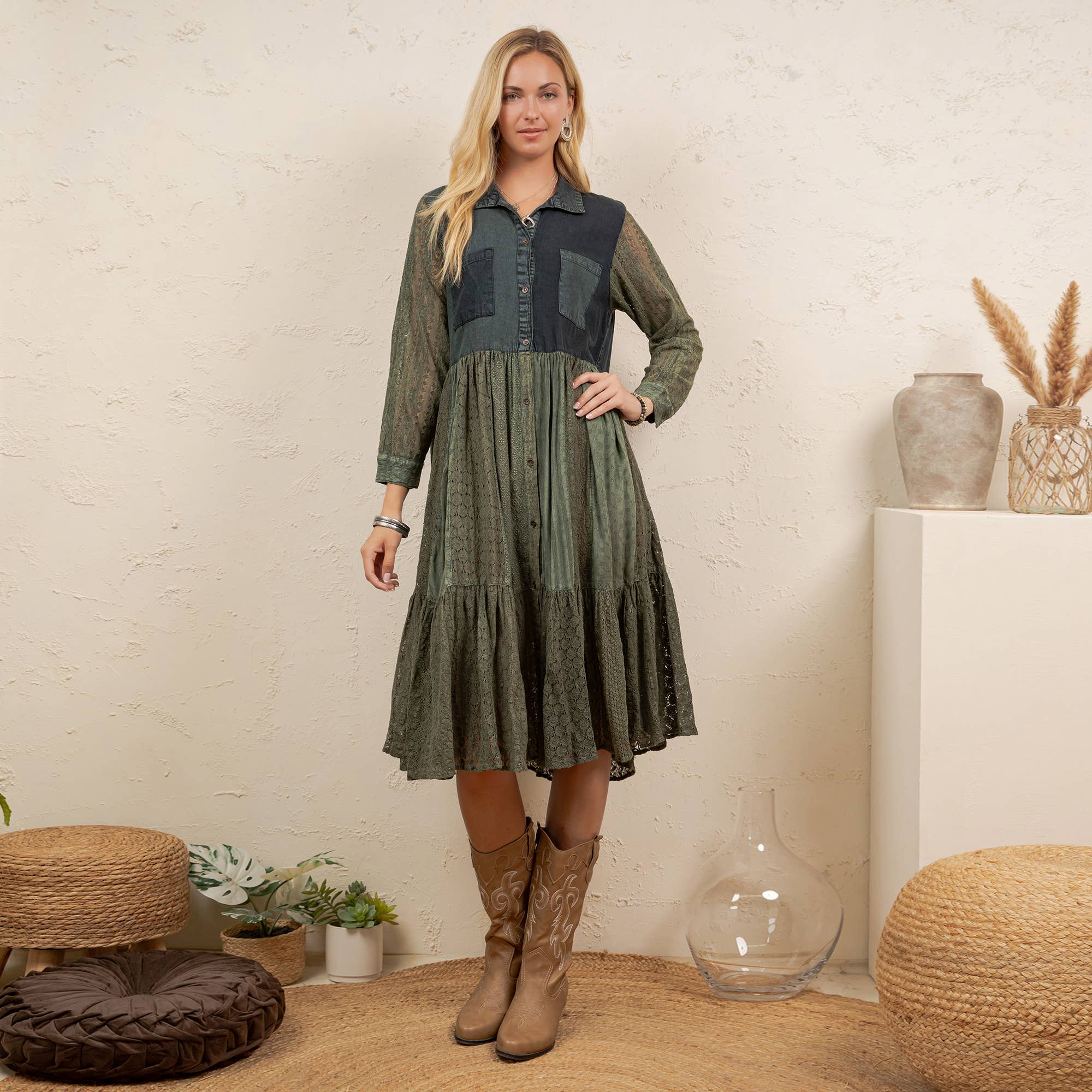 Vintage Bohemian Tiered Midi Dress - Boho Eyelet NEW: GRAVEL / REGULAR (S-M-L-XL 2-2-2-1)