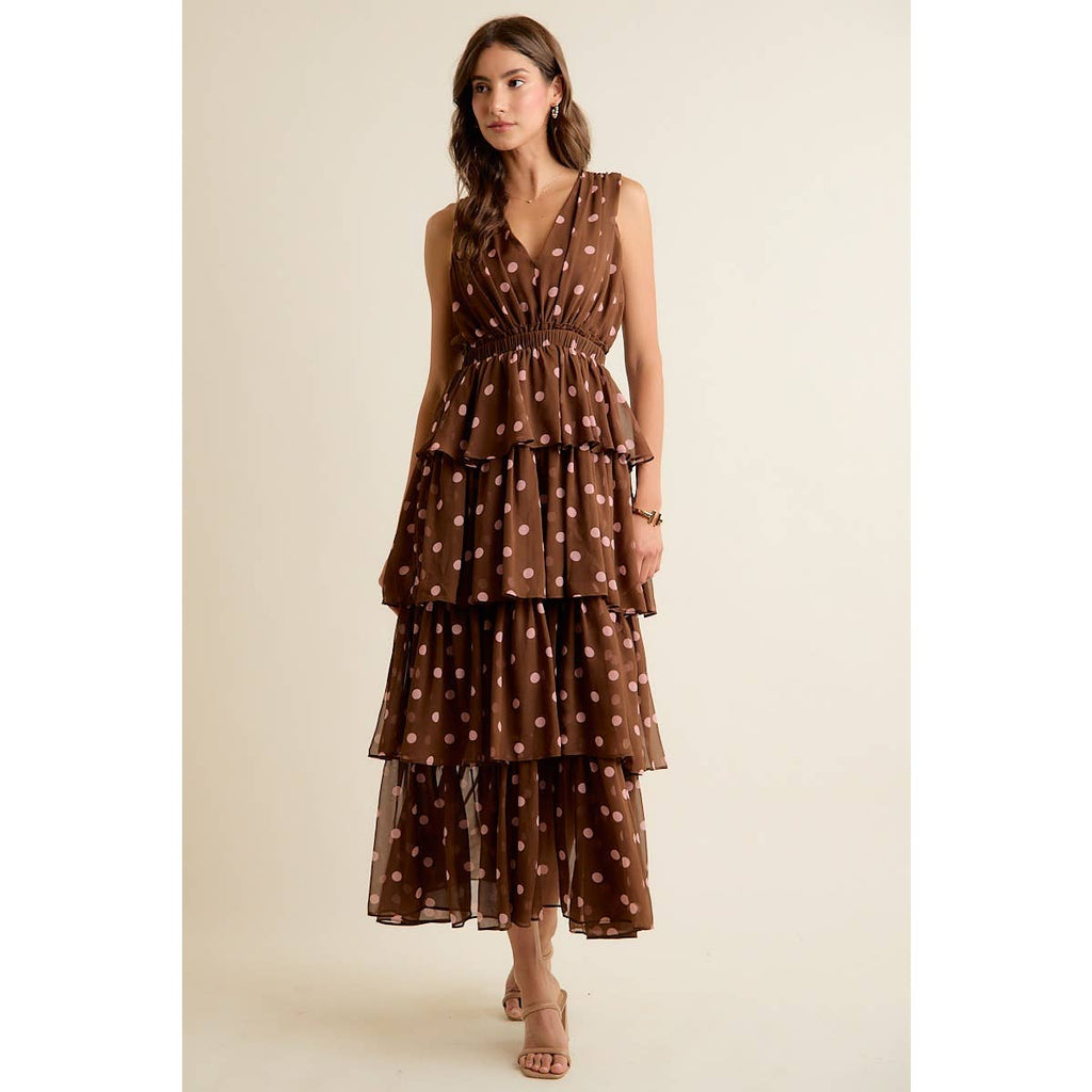 POLKA DOT CHIFFON TIERED MAXI LINED SLEEVELESS DRESS: BROWN/PINK / S