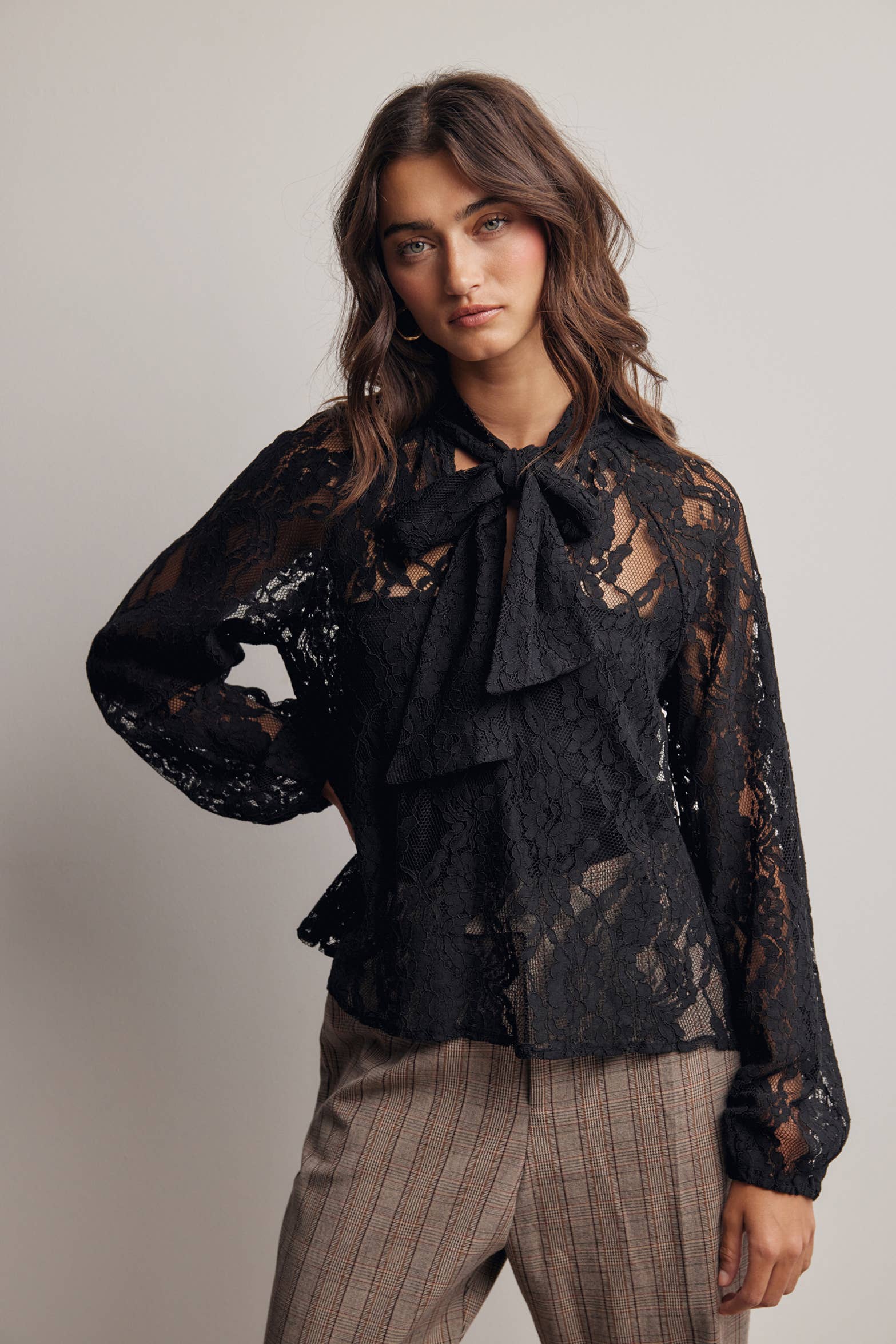 Sheer Lace Tie Neck Blouse Black