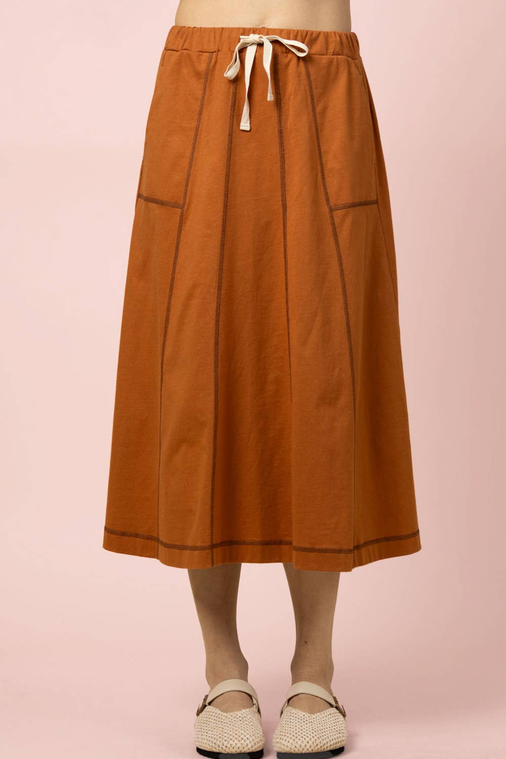 NS50213-Stitch Detail Casual Knit Midi Skirt: TOBACCO / S-M-L/2-2-2