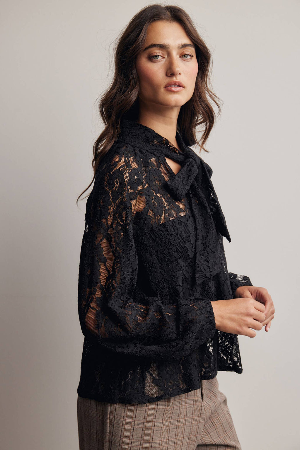 Sheer Lace Tie Neck Blouse Black