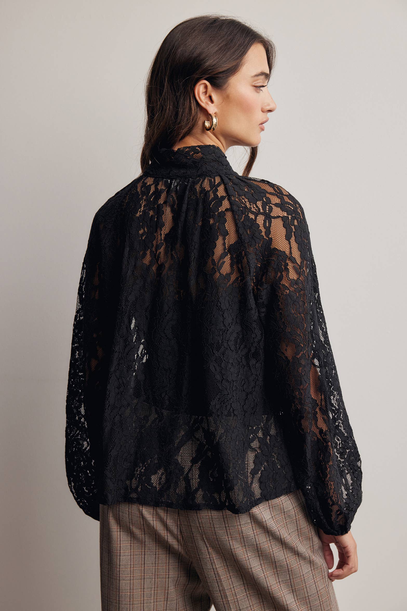 Sheer Lace Tie Neck Blouse Black