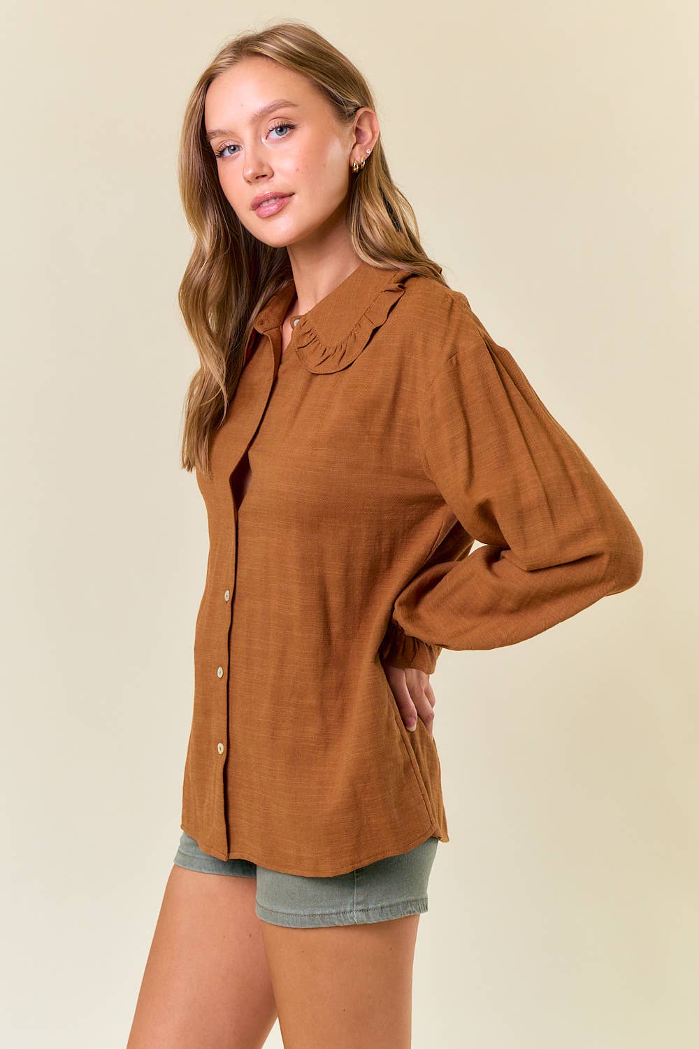 Ruffle Collar Drop Shoulder Oversized Blouse - 44661T: COFFEE / M