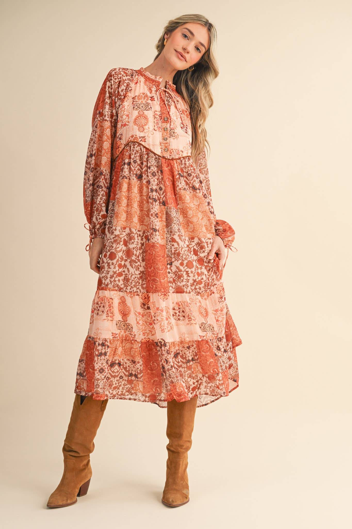 PATCHWORK PRINT MIDI DRESS RUST MULTI FLORAL