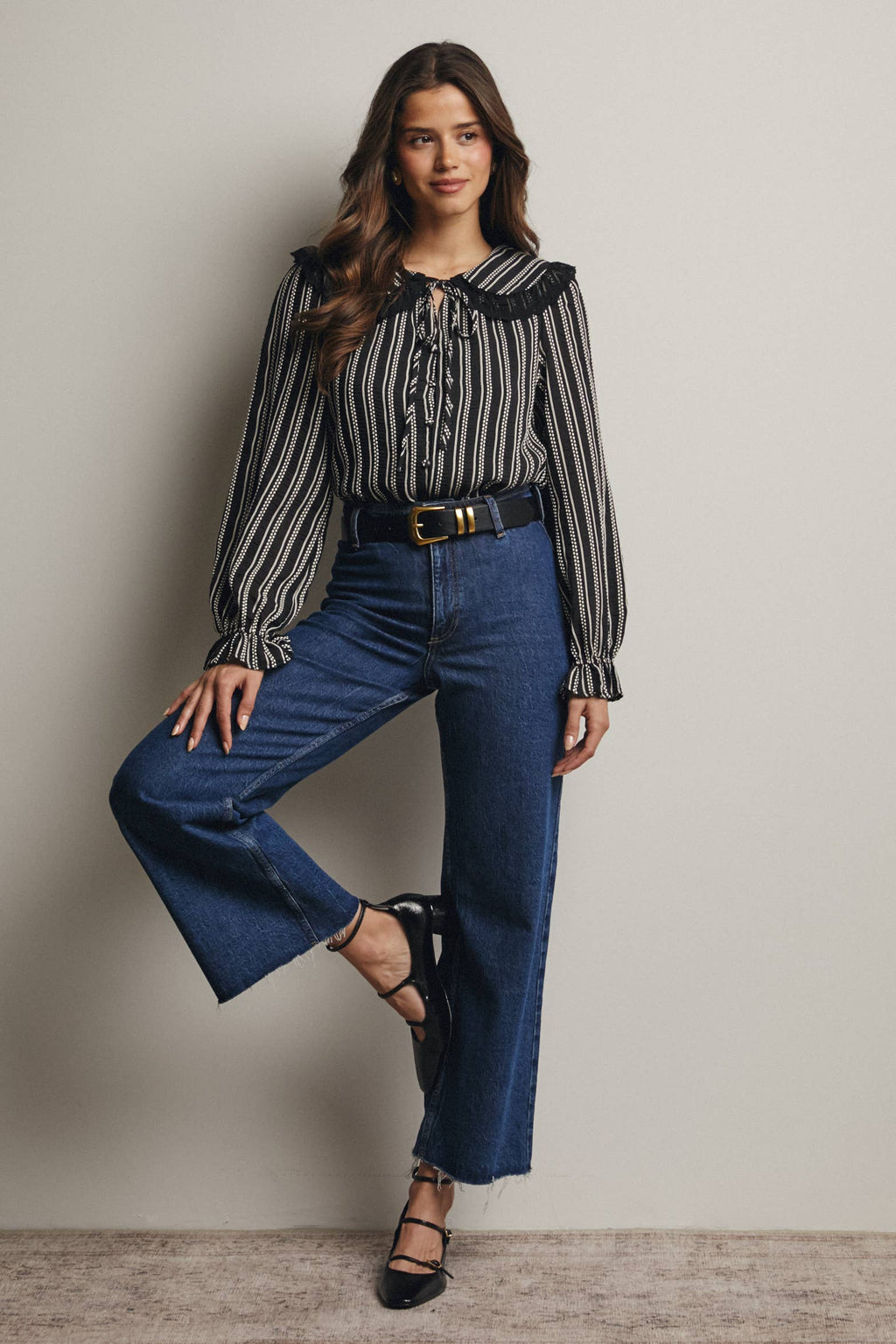 Black Embroidered Collar Textured Blouse