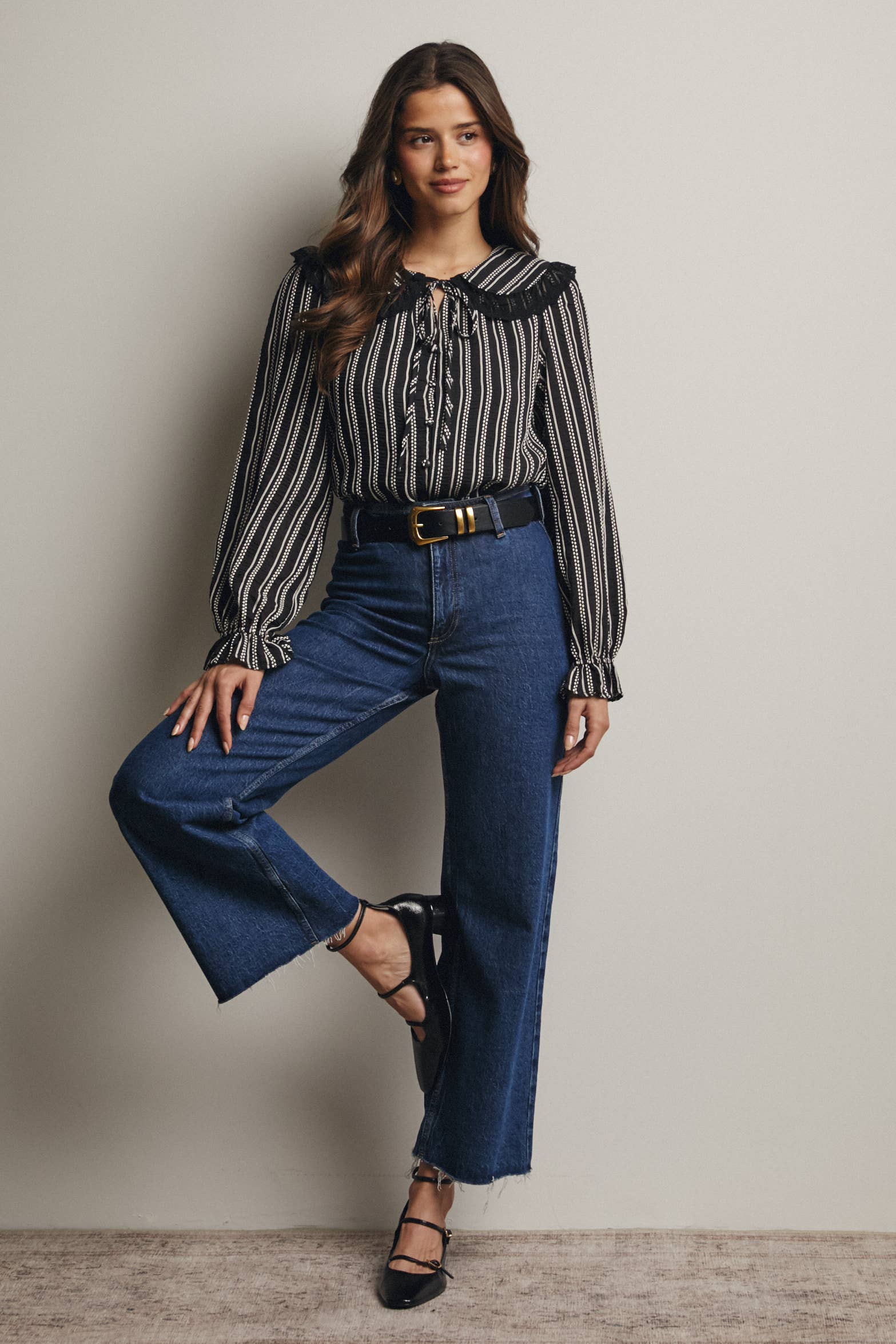 Black Embroidered Collar Textured Blouse