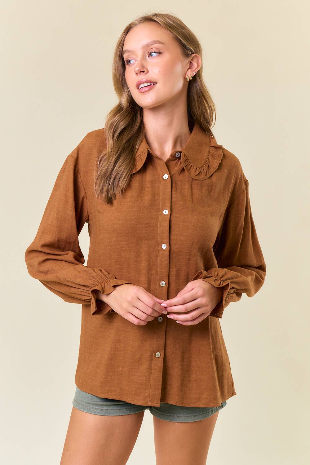 Ruffle Collar Drop Shoulder Oversized Blouse - 44661T: COFFEE / L