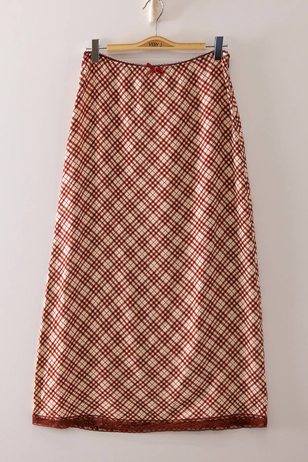 Plaid Midi Skirt with elastic waistband : RED MIX
