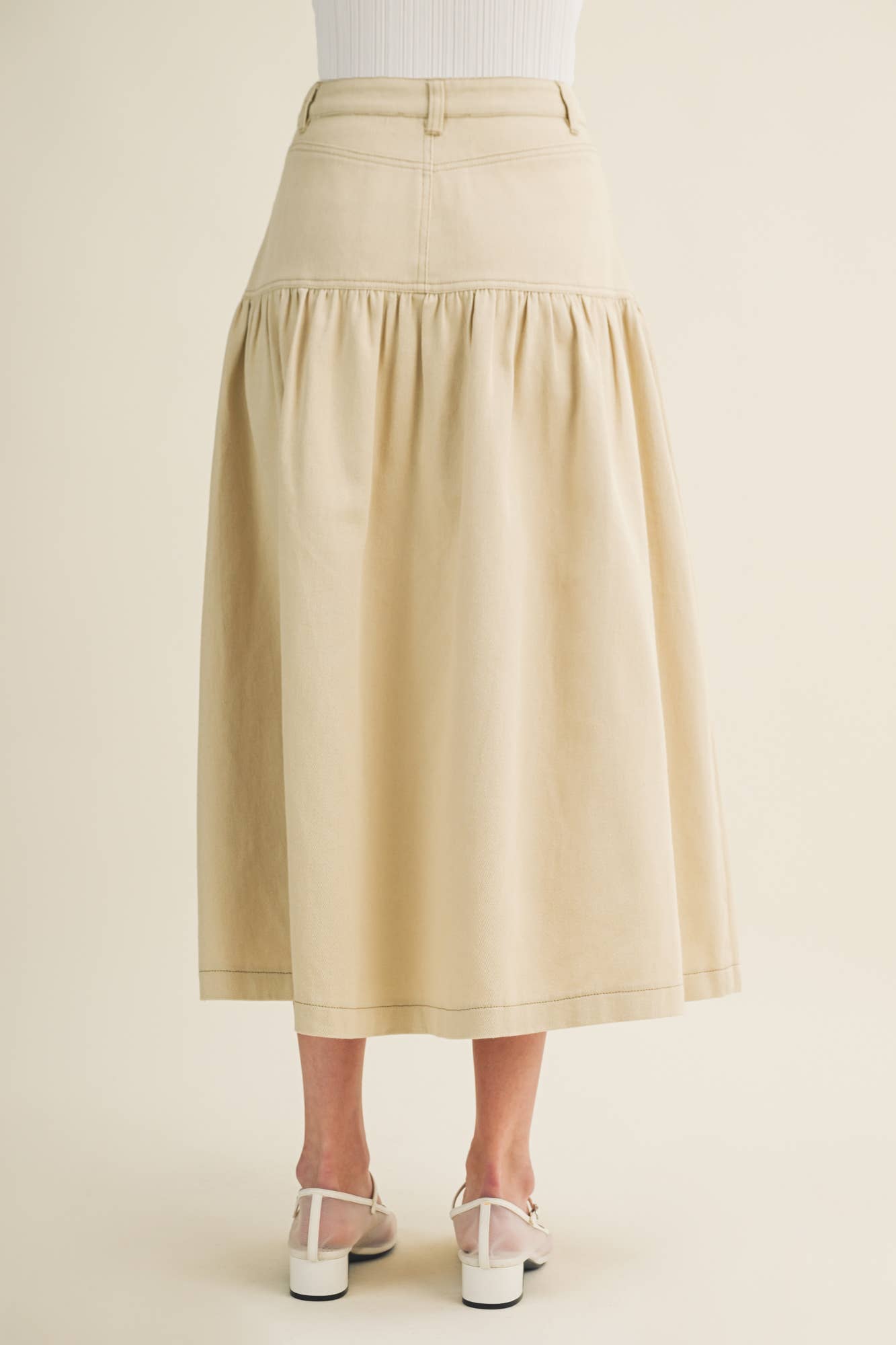 Sculpted Yoke Cascading Volume Skirt Beige