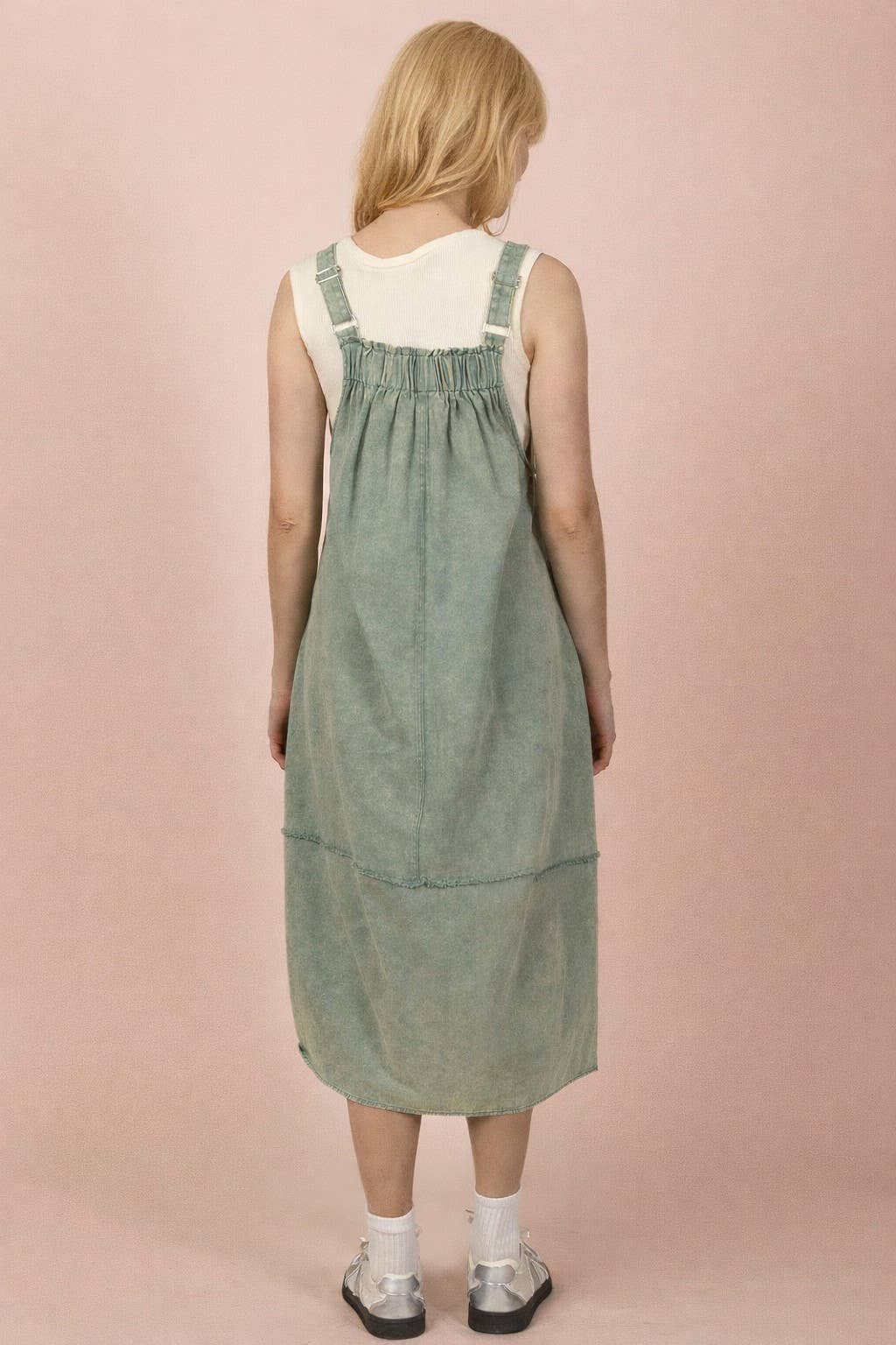 Sage Mineral Washed Denim Overall Casual Midi Dress