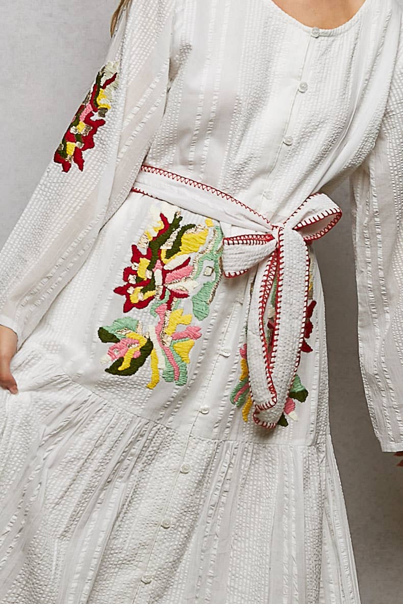 POL Embroidery Pintuck Belt Long Sleeve Roomy Fit Dress OFF WHITE