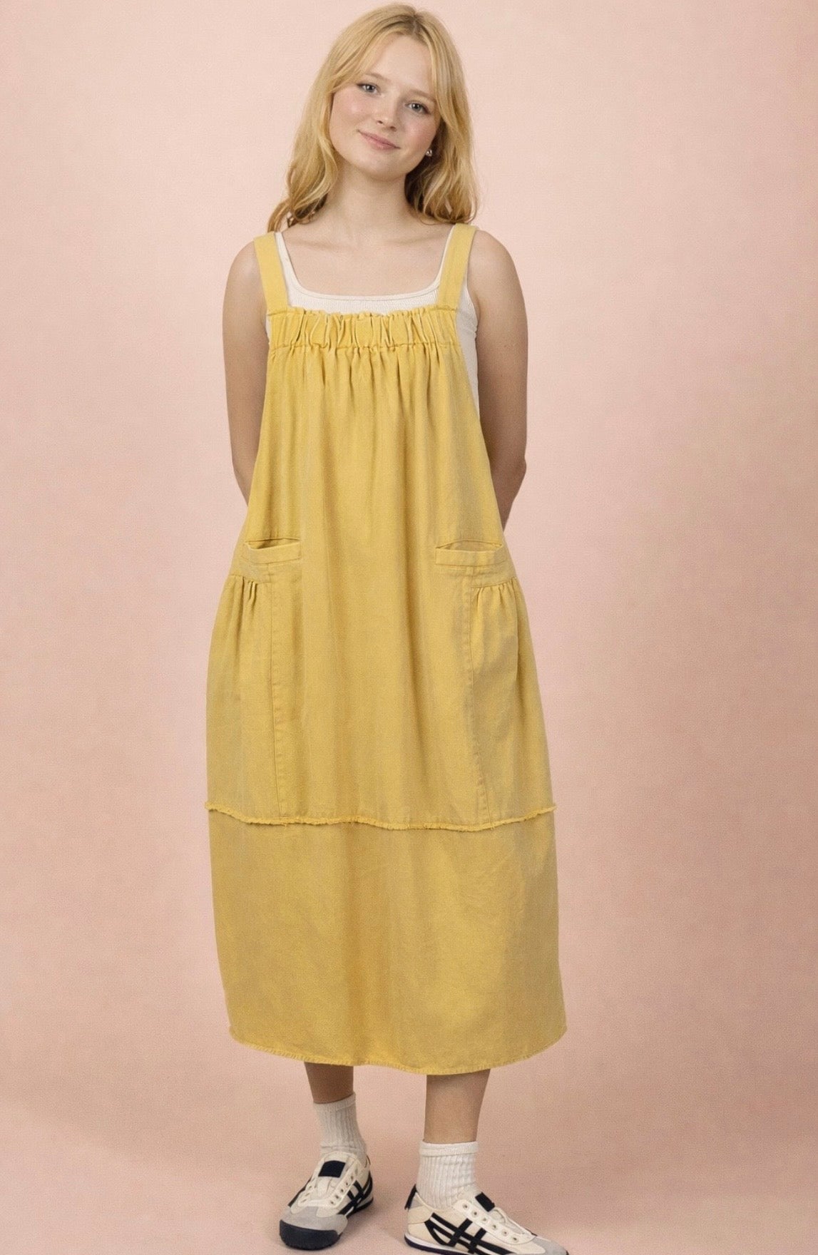 Butter Yellow Mineral Washed Denim Overall Casual Midi Dress