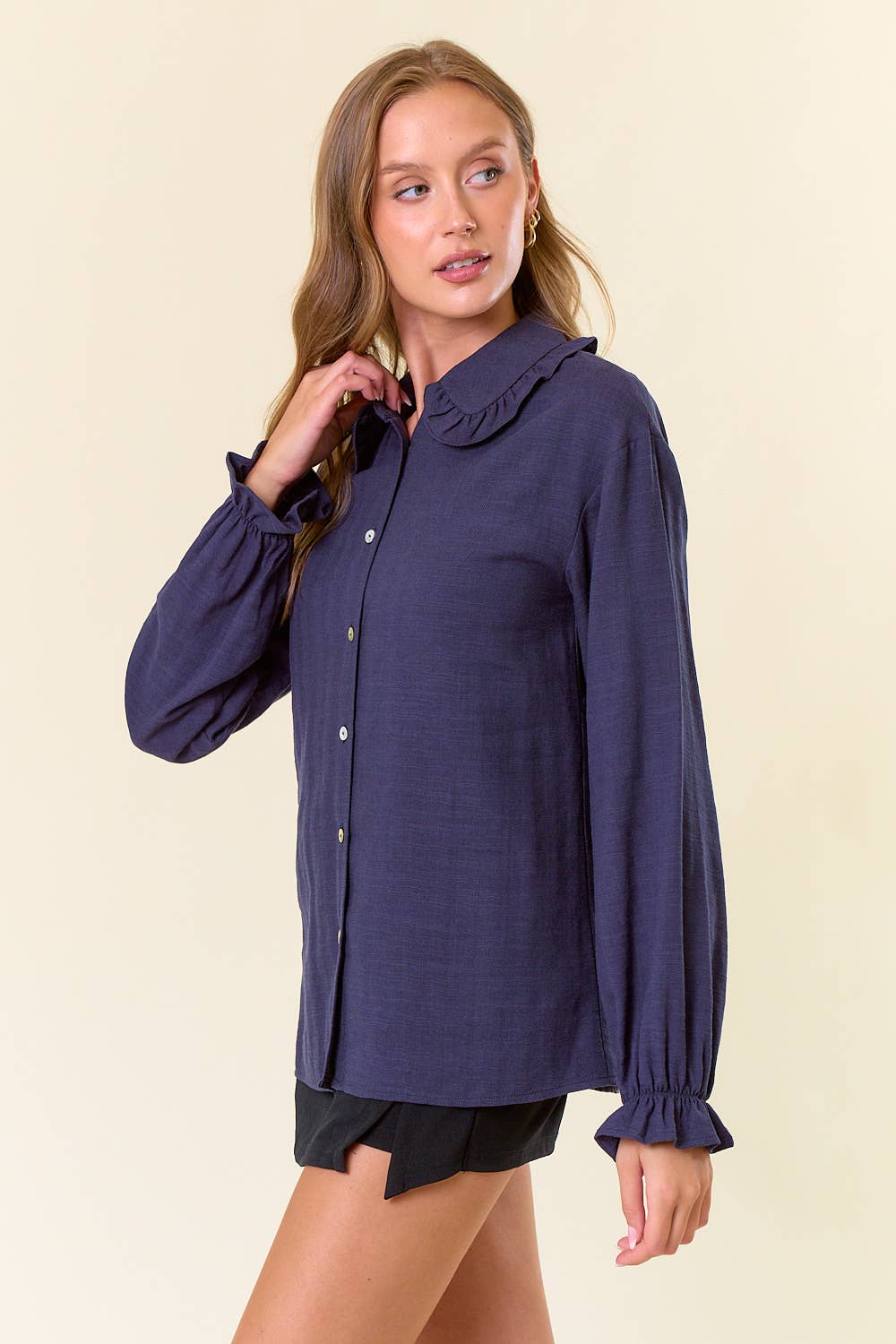 Ruffle Collar Drop Shoulder Oversized Blouse - 44661T: COFFEE / L