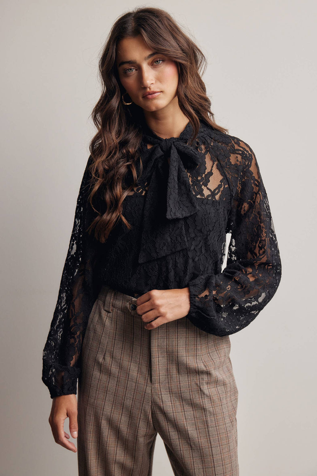 Sheer Lace Tie Neck Blouse Black