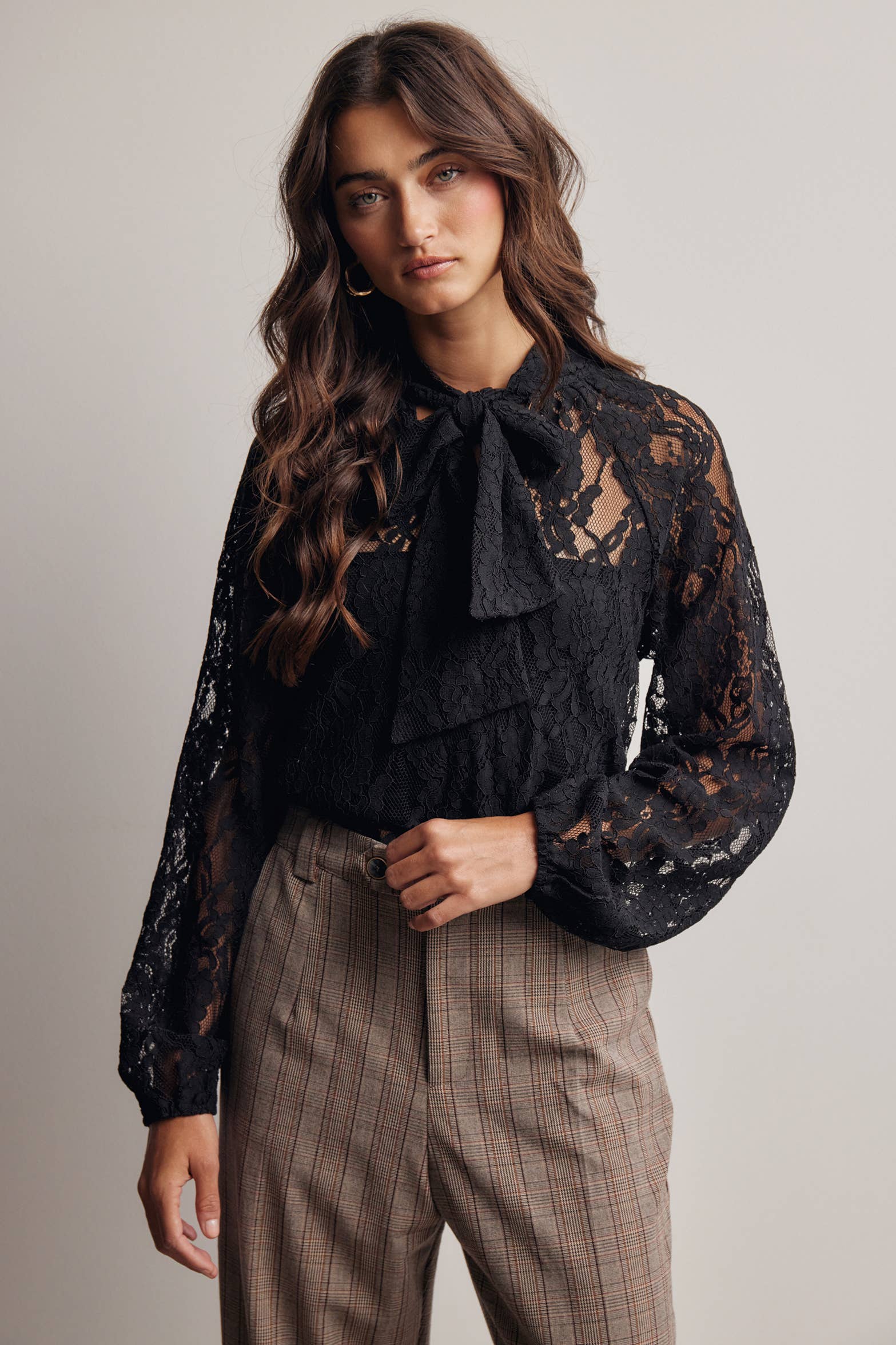 Sheer Lace Tie Neck Blouse Black