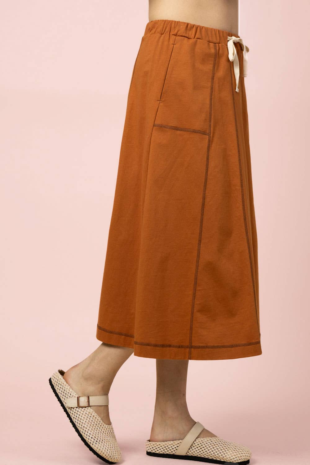 NS50213-Stitch Detail Casual Knit Midi Skirt: TOBACCO / S-M-L/2-2-2