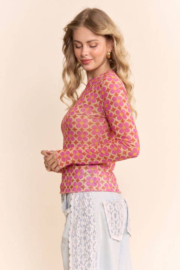 Retro Floral Print Long Sleeve Mesh Top