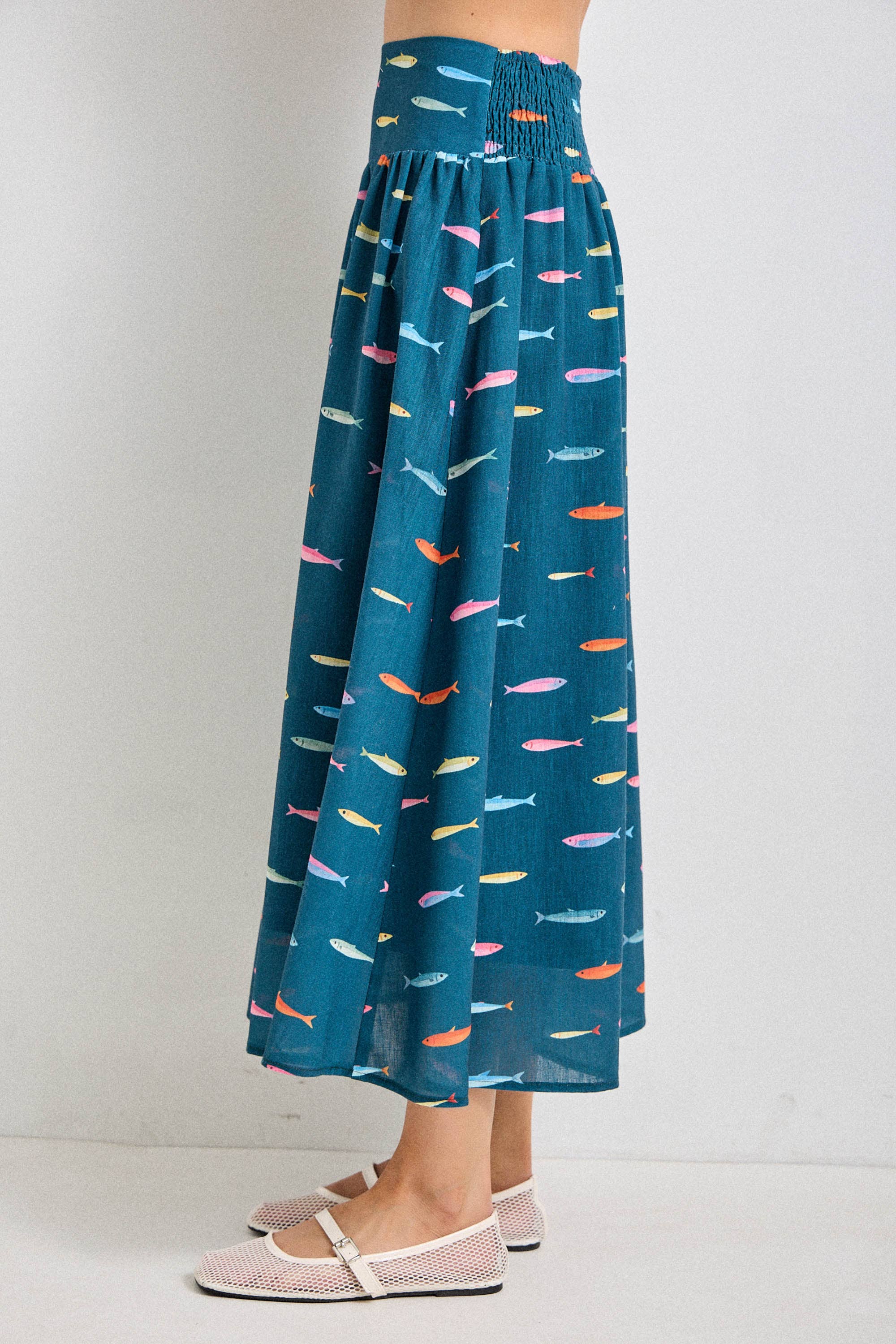 FISH PRINT SMOCKED BACK WAIST MIDI SKIRT TEAL