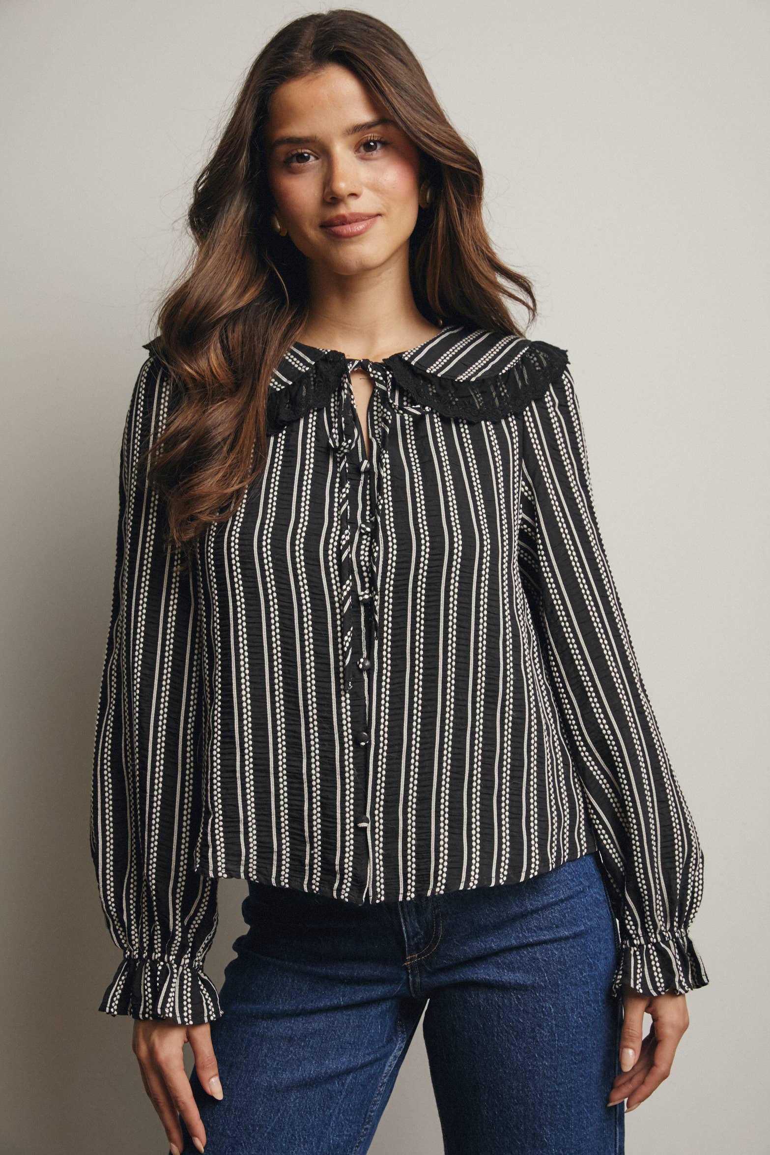 Black Embroidered Collar Textured Blouse