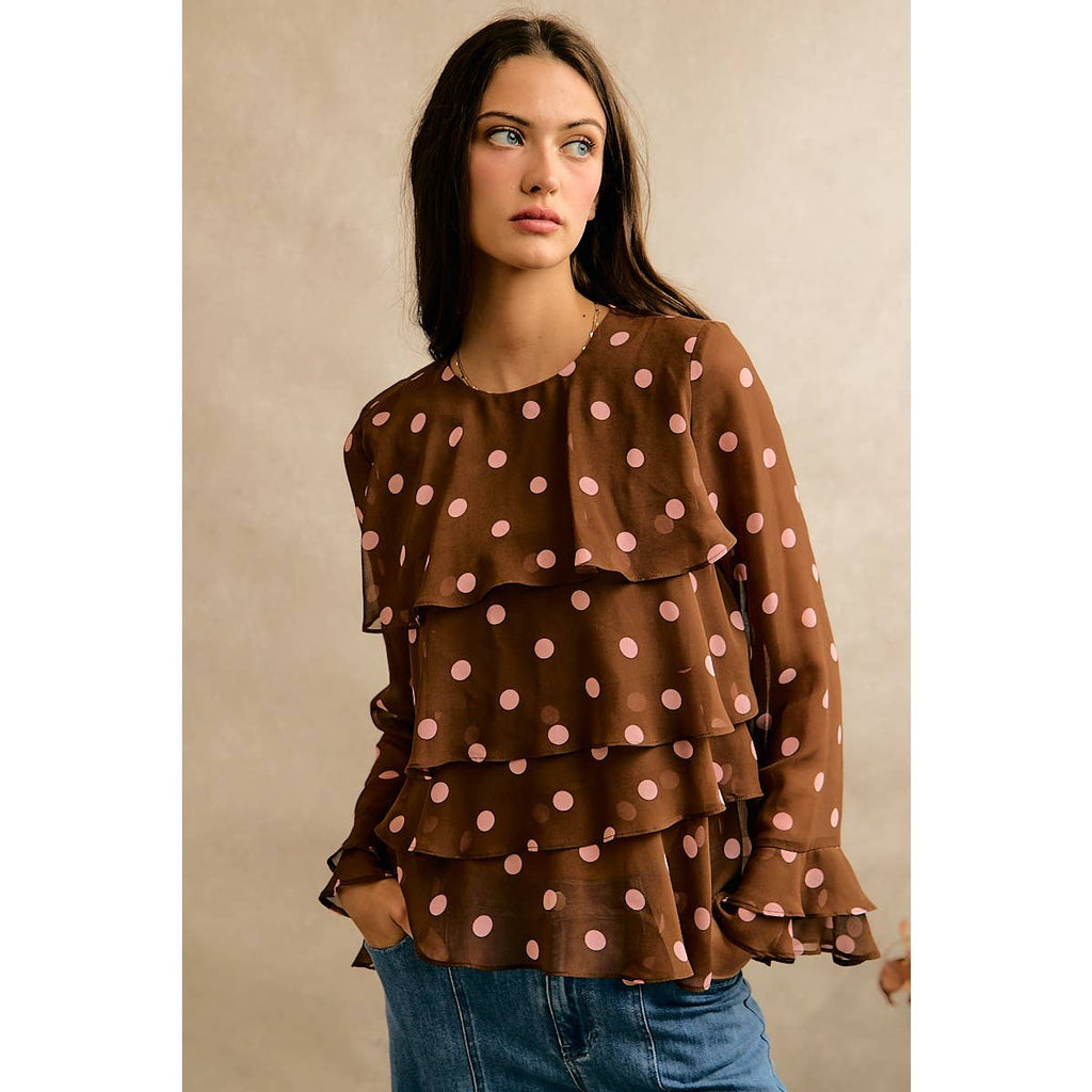 POLKA DOT PRINT RUFFLE BLOUSE: BROWN/PINK / S