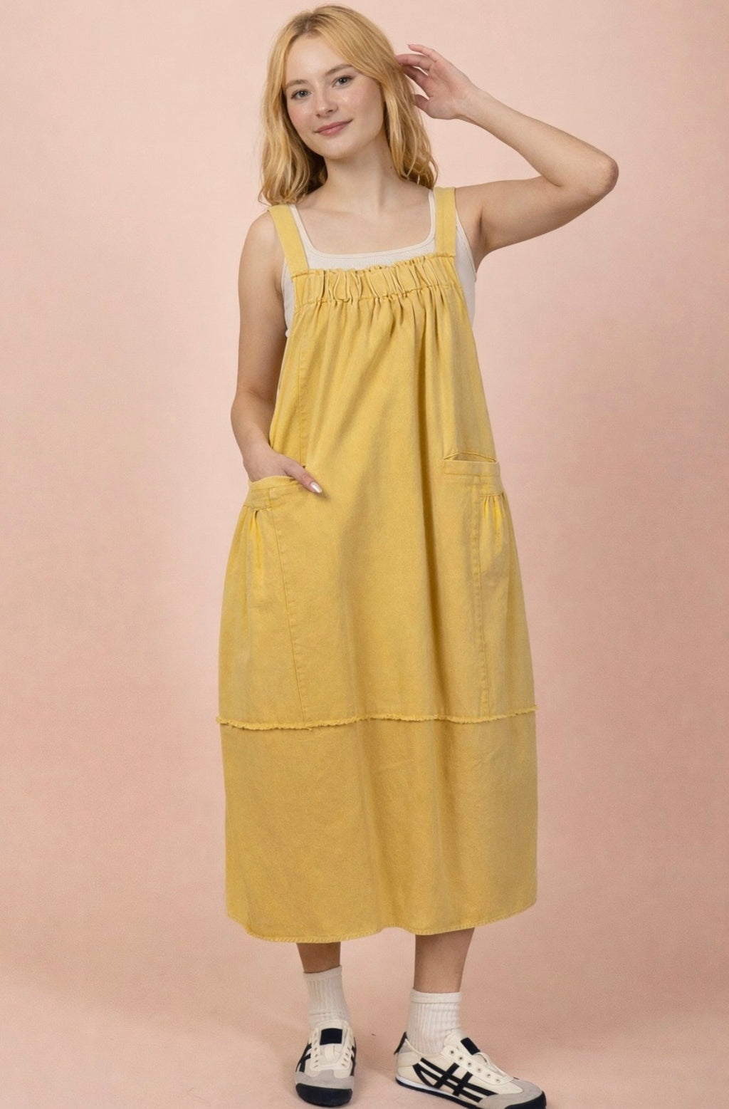 Butter Yellow Mineral Washed Denim Overall Casual Midi Dress