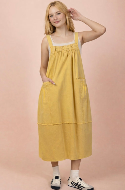 Butter Yellow Mineral Washed Denim Overall Casual Midi Dress