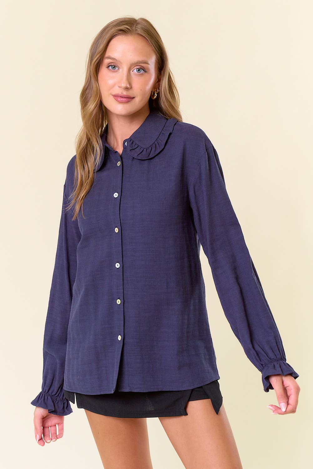 Ruffle Collar Drop Shoulder Oversized Blouse - 44661T: COFFEE / M
