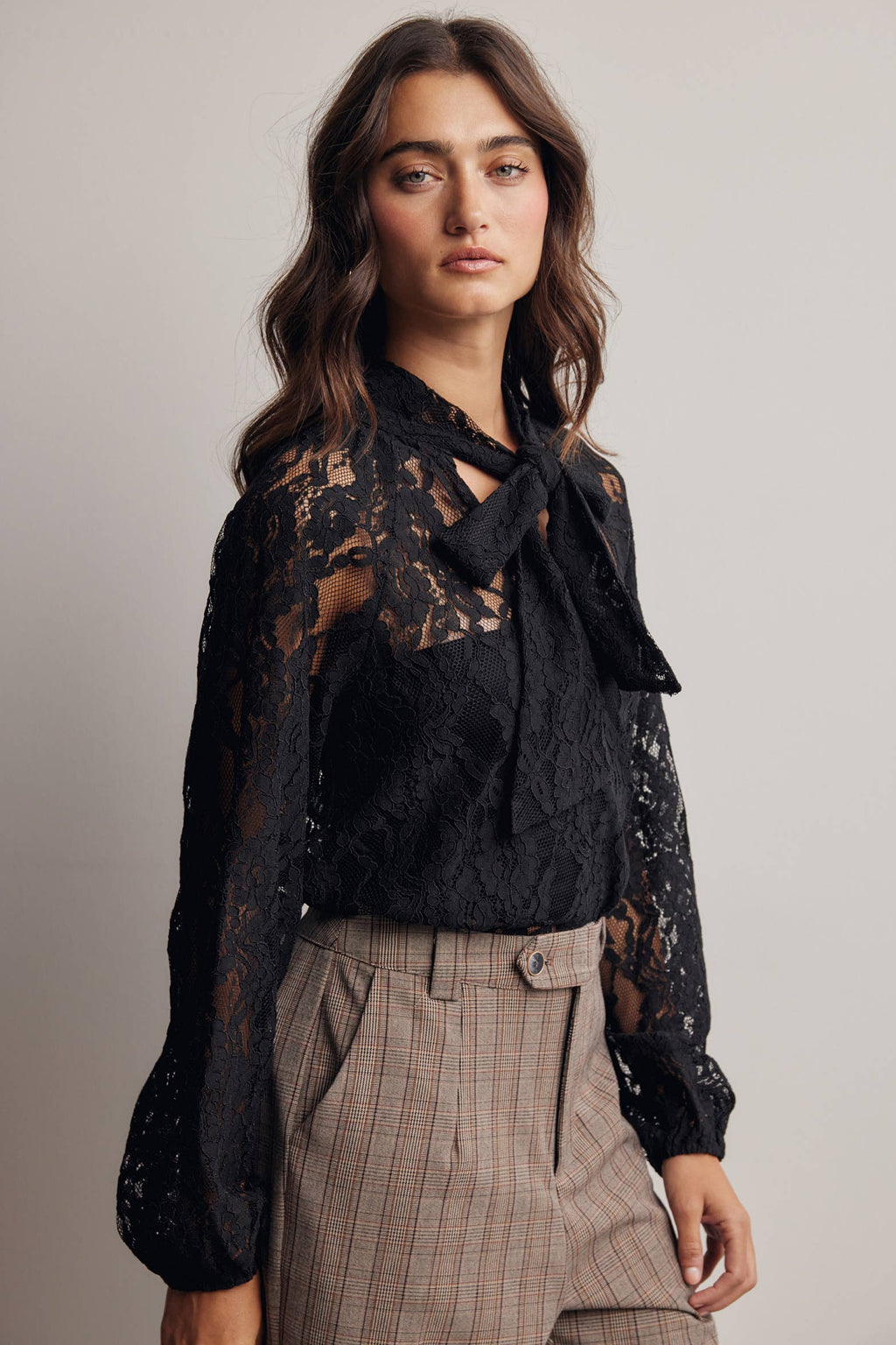 Sheer Lace Tie Neck Blouse Black