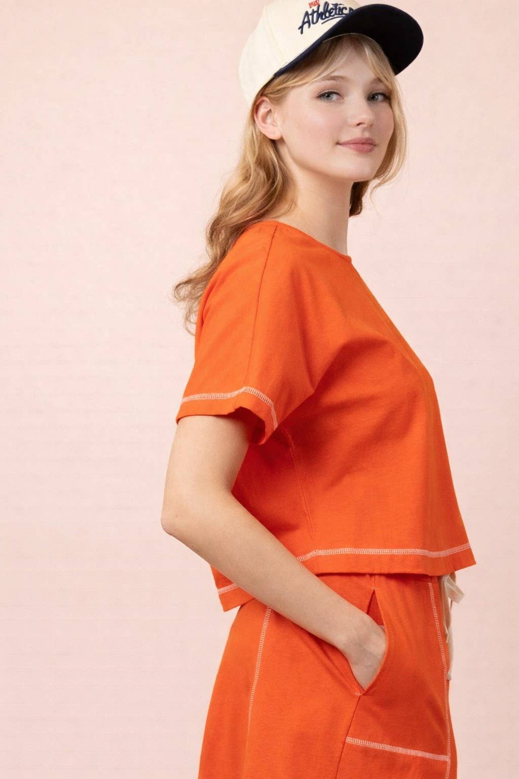 NT12673-Stitch Detail Casual Knit Top: TOMATO / S-M-L/2-2-2