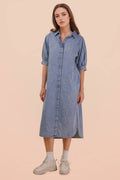 Washed Denim Casual Shirt Midi Dress Indigo