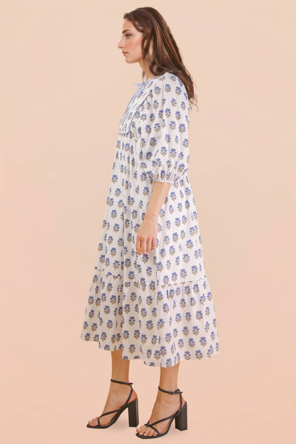ND32007-Printed Half Sleeve Midi Dress: White mix / S-M-L/2-2-2