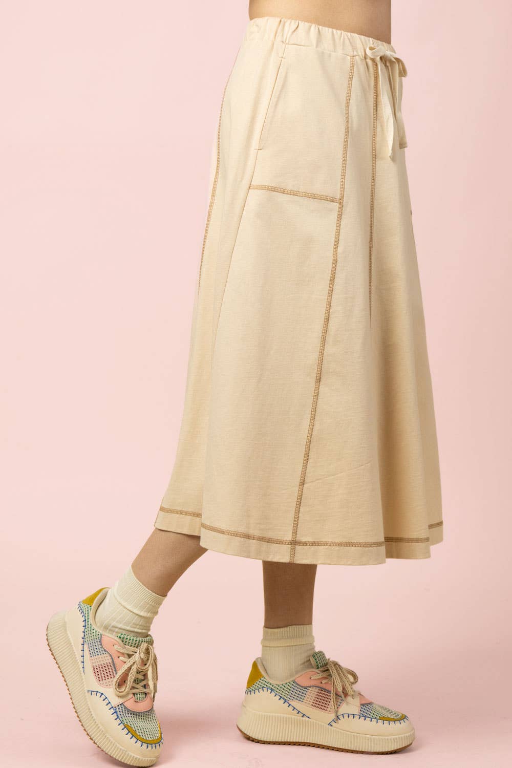 NS50213-Stitch Detail Casual Knit Midi Skirt: TOBACCO / S-M-L/2-2-2