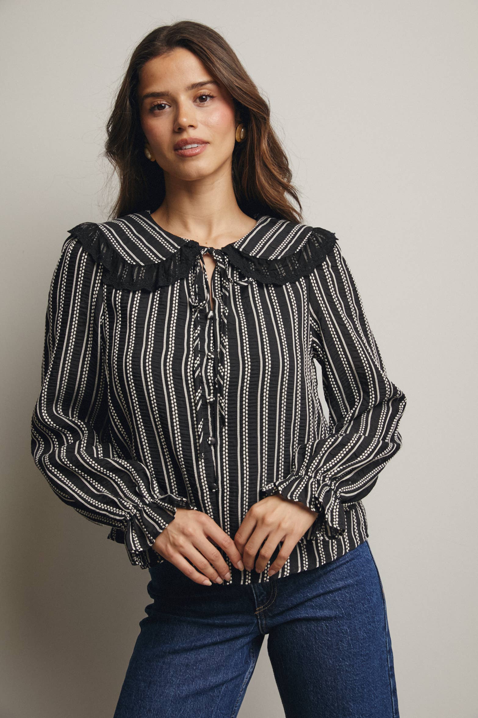 Black Embroidered Collar Textured Blouse