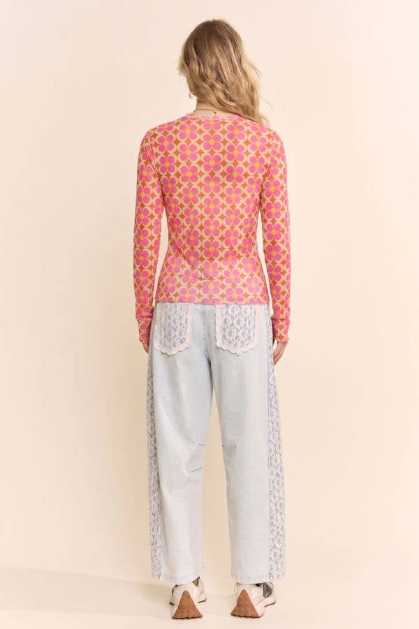 Retro Floral Print Long Sleeve Mesh Top
