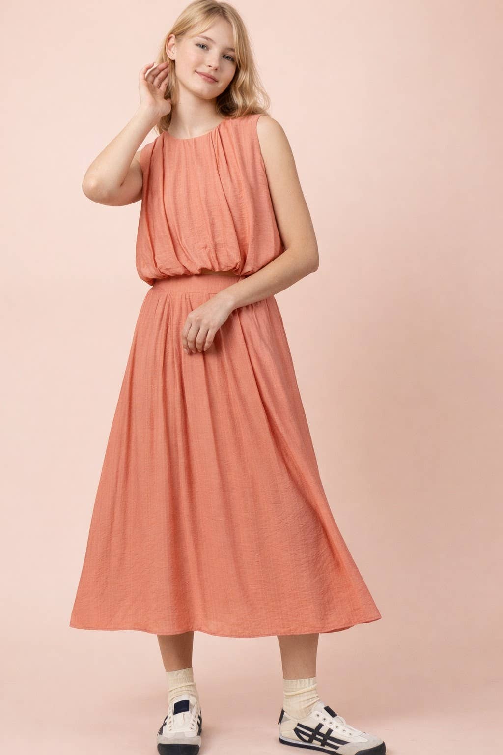 NT12643SET-Pleated Bubble Blouse Top & Midi Skirt Set: DENIM / S-M-L/2-2-2