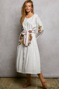 POL Embroidery Pintuck Belt Long Sleeve Roomy Fit Dress OFF WHITE