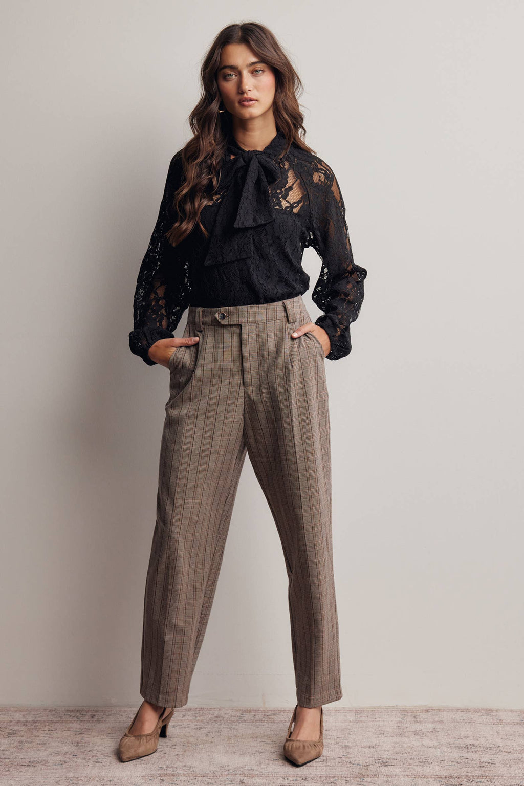 Sheer Lace Tie Neck Blouse Black