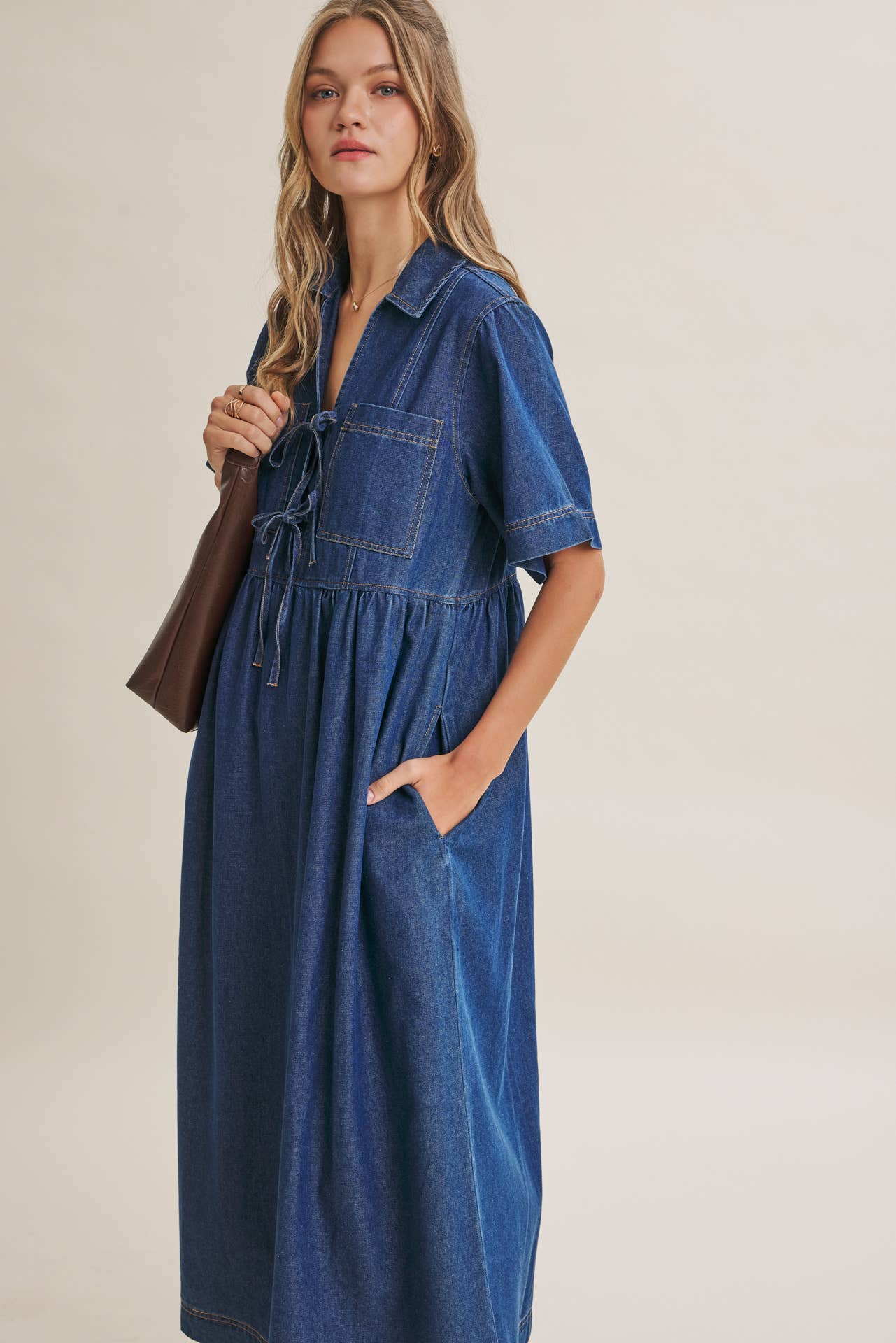 DENIM WASHED BOW-FRONT MIDI DRESS