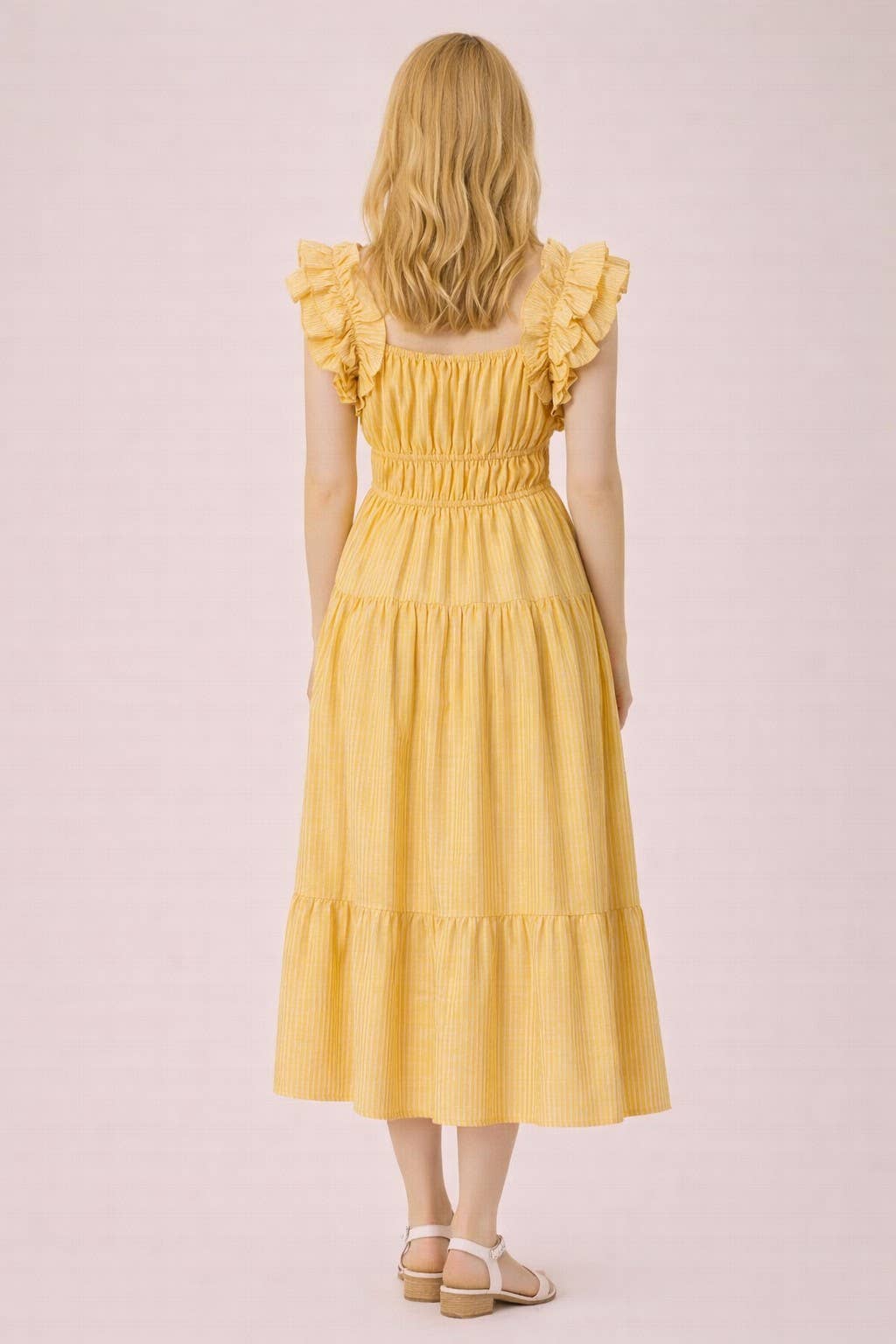 ND32033-Shoulder Ruffle Detail Stripe Midi Dress: GREEN / S-M-L/2-2-2