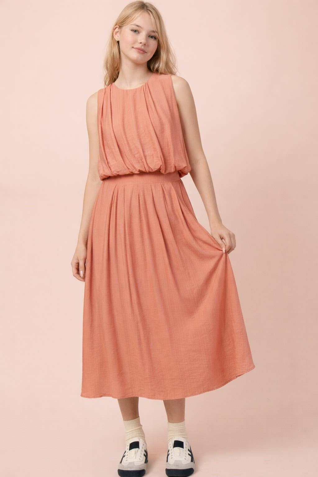 NT12643SET-Pleated Bubble Blouse Top & Midi Skirt Set: DENIM / S-M-L/2-2-2