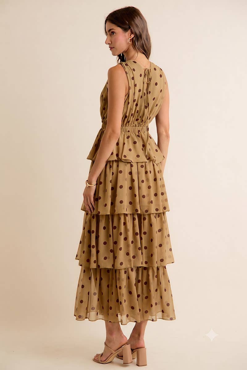 POLKA DOT CHIFFON TIERED MAXI LINED SLEEVELESS DRESS: BROWN/PINK / S