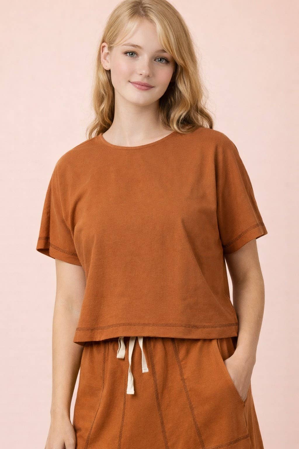 NT12673-Stitch Detail Casual Knit Top: TOBACCO / S-M-L/2-2-2
