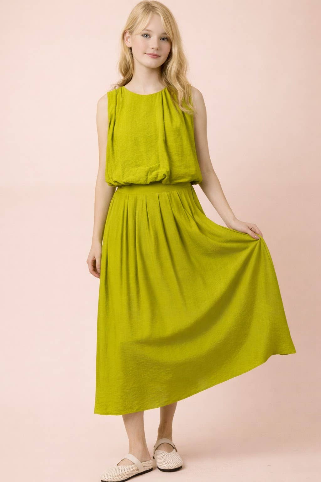 NT12643SET-Pleated Bubble Blouse Top & Midi Skirt Set: DENIM / S-M-L/2-2-2