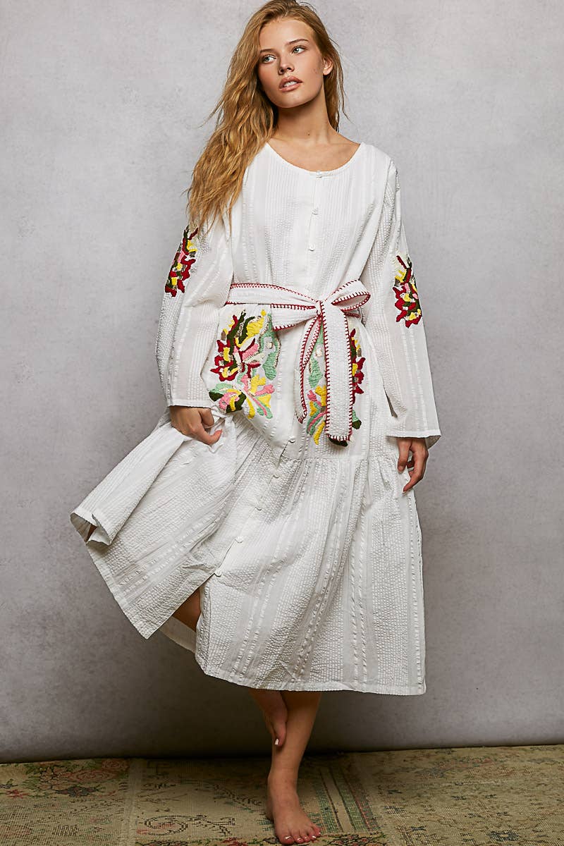 POL Embroidery Pintuck Belt Long Sleeve Roomy Fit Dress OFF WHITE