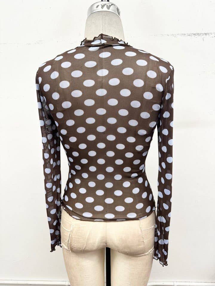 Polka Dot Mesh Lettuce Edge Top: Burgundy/ivory / M