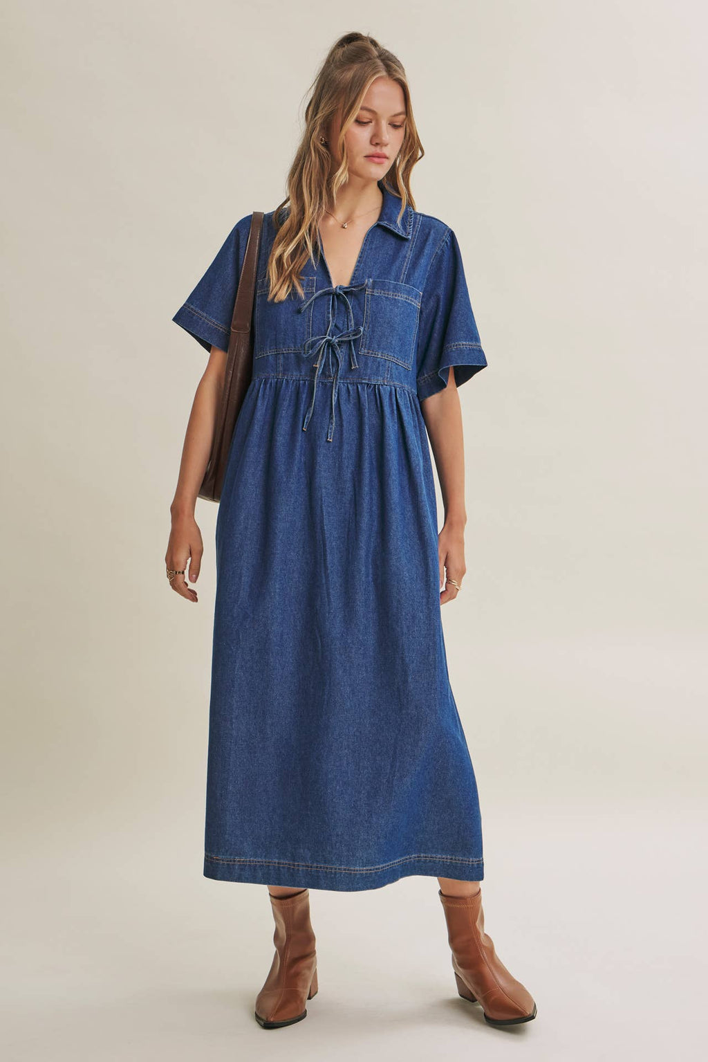 DENIM WASHED BOW-FRONT MIDI DRESS